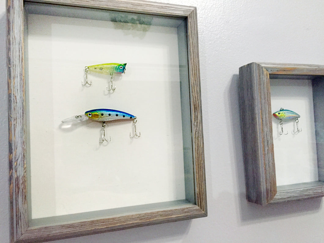 Shadow box with fishing lures and soldiers - Metzger Property